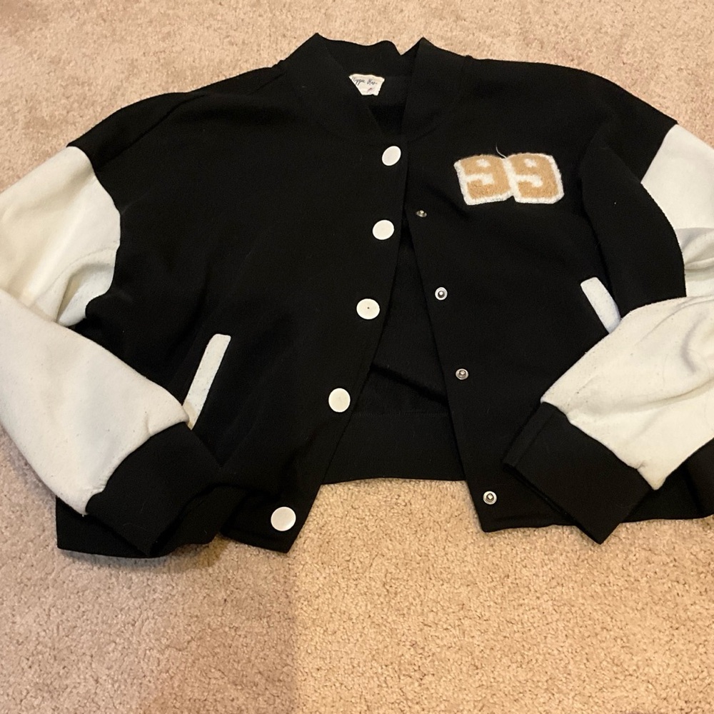 Black and White Varsity Jacket with Beige Patch